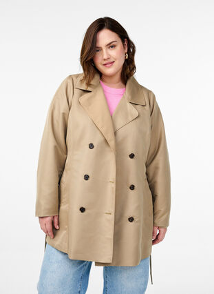 Zizzi Kort trenchcoat med belte, Coriander, Model image number 0