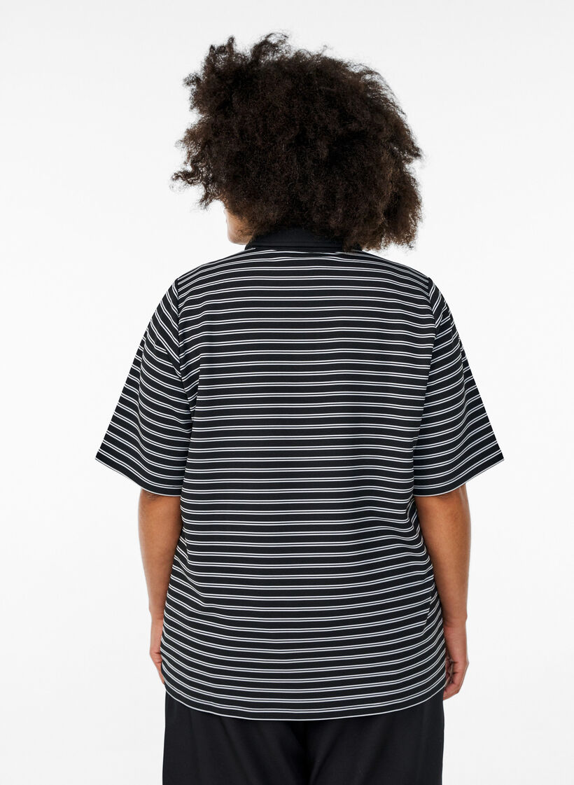 Stripete poloskjorte med korte ermer og knapper, Svart, Model image number 2