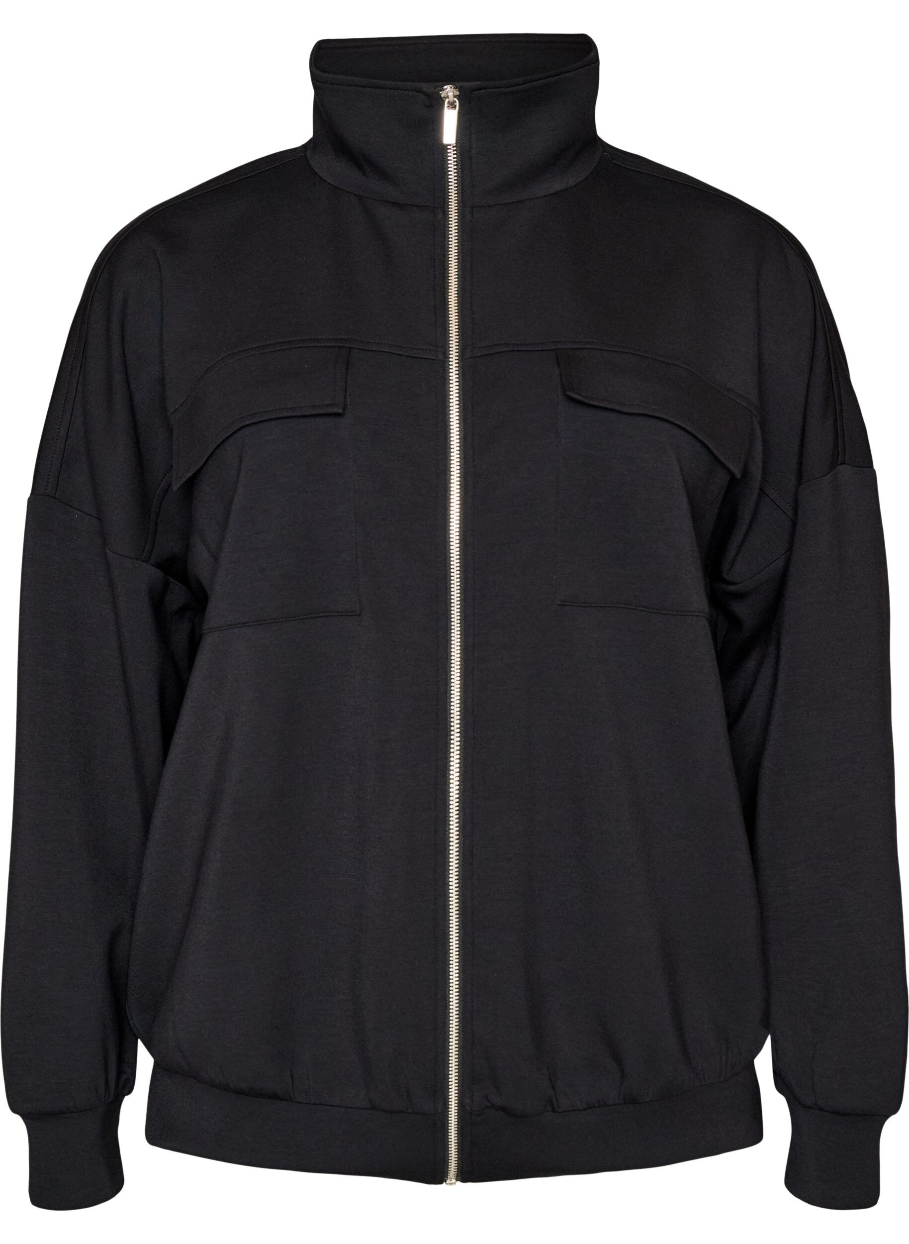 ZizziJersey cardigan med glidel&aring;s og h&oslash;y hals, Svart, Packshot image number 0