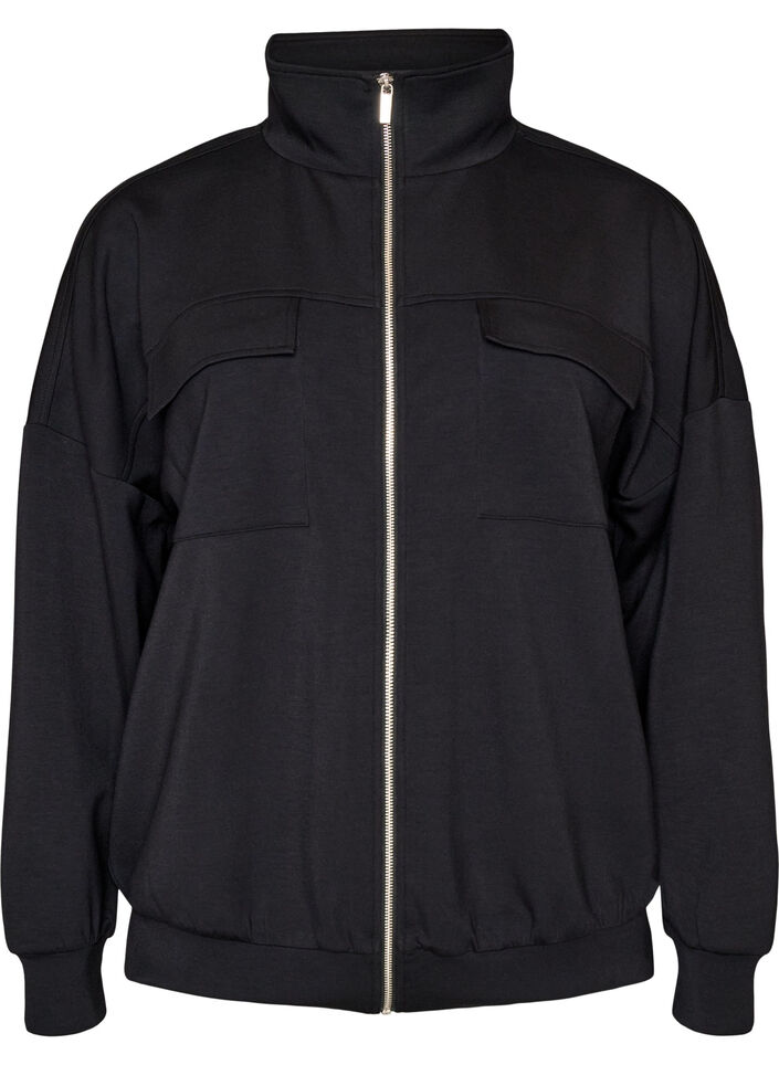 Jersey cardigan med glidel&aring;s og h&oslash;y hals, Svart, Packshot image number 0