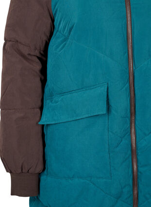 Lang fargeblokket vinterjakke med hette, Deep Teal Comb, Packshot image number 3