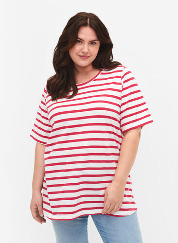 T-skjorte i økologisk bomull med striper, Bright Rose Stripes, Model image number 0