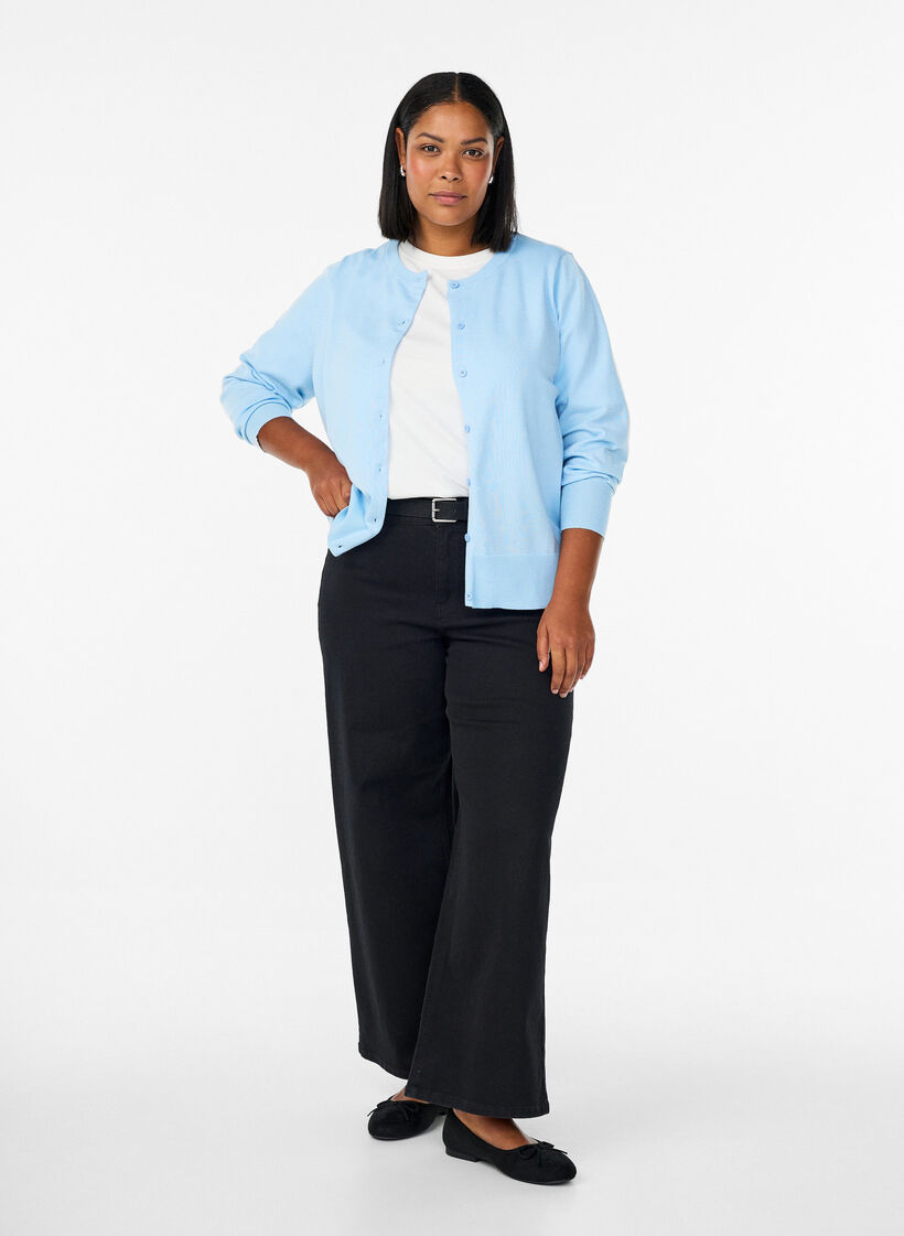Finstrikket cardigan med rund hals, Bl&aring;, Model image number 1