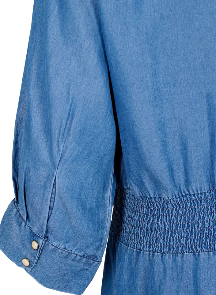 Myk denimkjole med 3/4-ermer og smock, Blue denim, Packshot image number 3