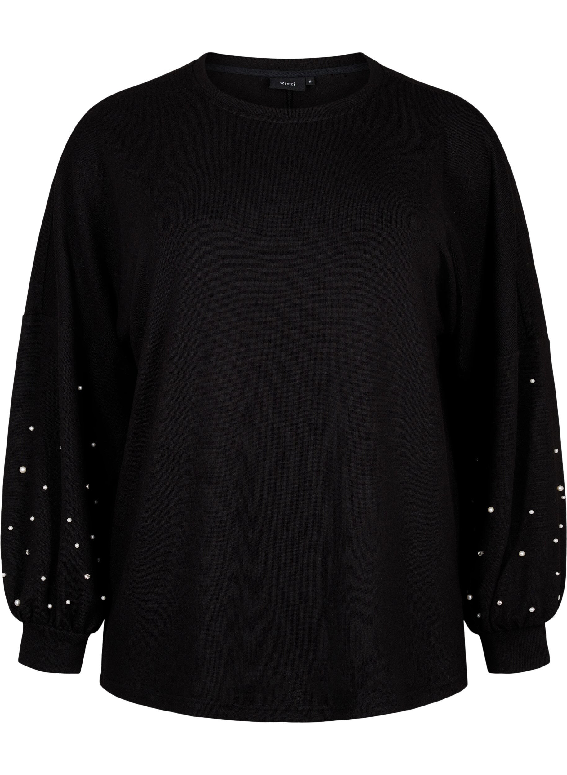 ZizziEnsfarget bluse med perler, Black, Packshot image number 0