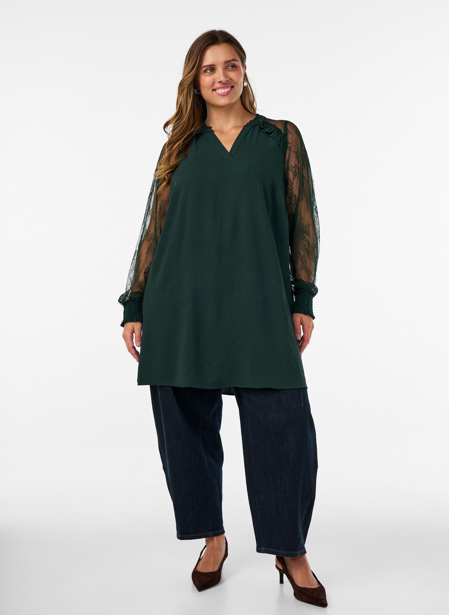ZizziTunika med gjennomsiktige blondeermer, Gr&oslash;nn, Model image number 1