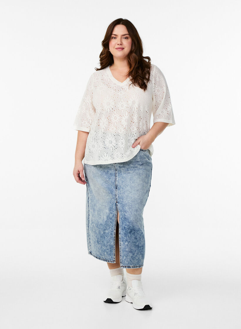 Bluse med et åpent mønster og korte ermer, Beige, Model image number 1