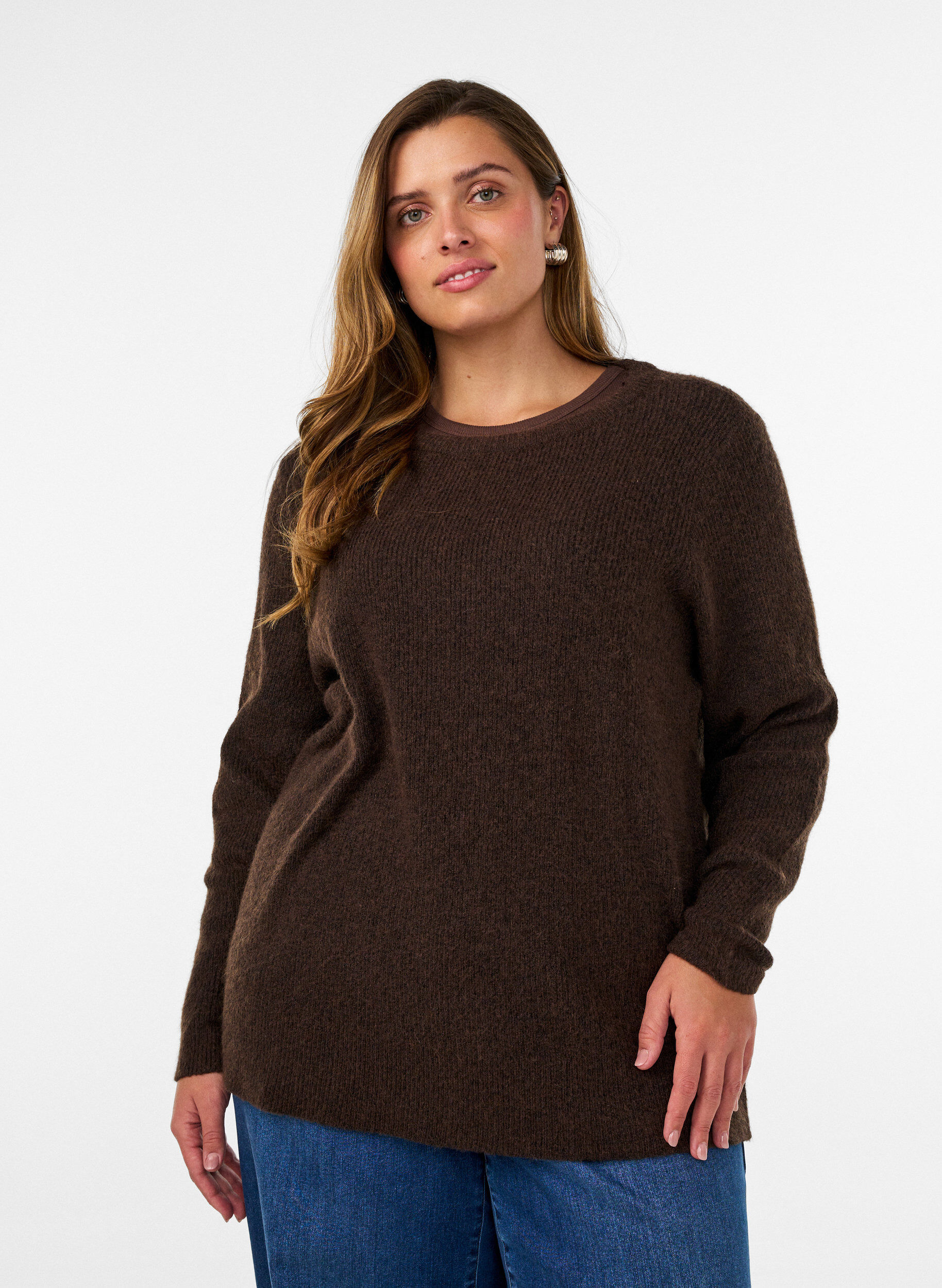 ZizziMelert strikkebluse med rund hals, Brun, Model image number 0
