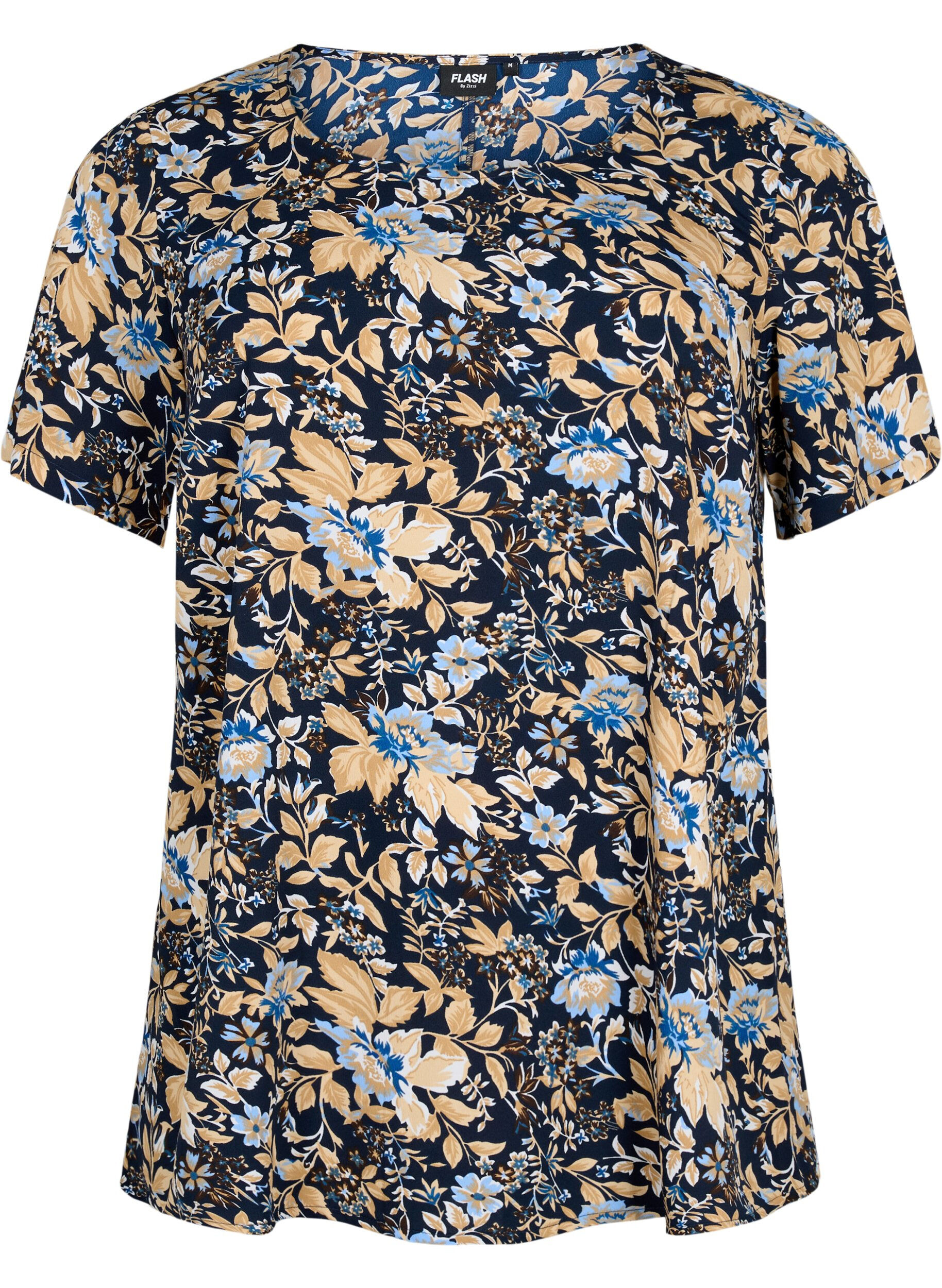 Zizzi FLASH - Bluse med korte ermer og trykk, Brown Blue Flower, Packshot image number 0