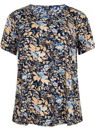 FLASH - Bluse med korte ermer og trykk, Brown Blue Flower, Packshot image number 0