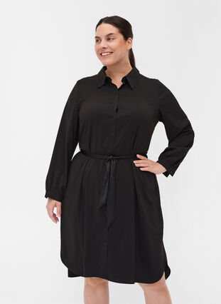 Skjortekjole med knyting og knapper, Black, Model image number 0