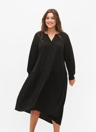Midi-kjole med lange ermer, Black, Model image number 2