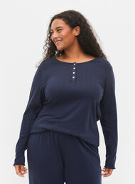 Langermet pysjamasgenser i 100% bomull, Navy Blazer, Model