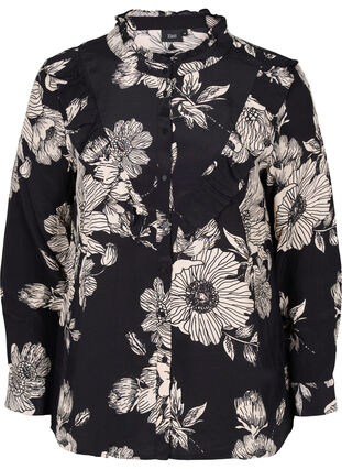 Blomstrete skjorte i viskose med volanger, Black White AOP, Packshot image number 0