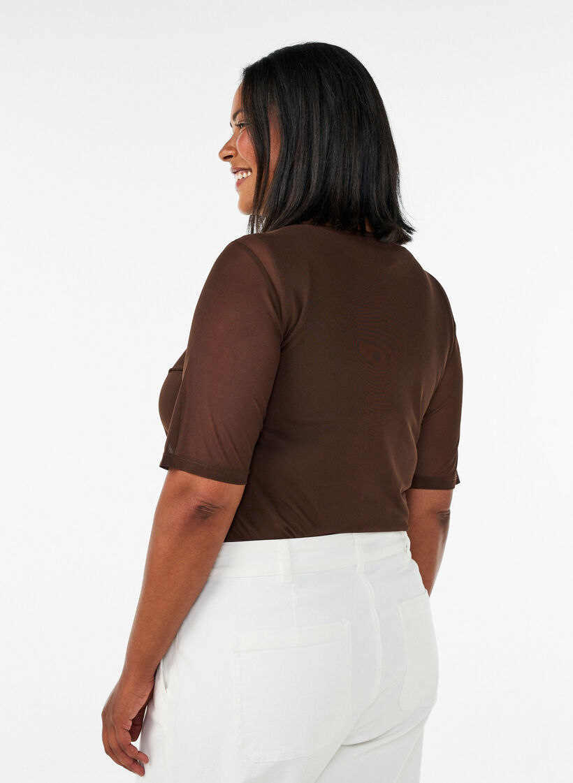 Mesh topp med korte ermer og rund hals, Brun, Model image number 2