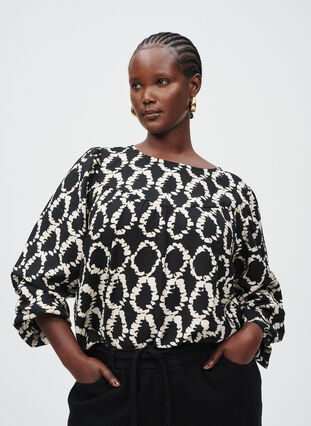 Zizzi Langermet bluse med trykk og sløyfer, Black ART AOP, Image image number 0