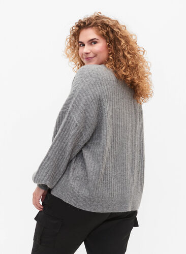 Strikket ribbestrikket cardigan med knapper, Medium Grey Melange, Model image number 1