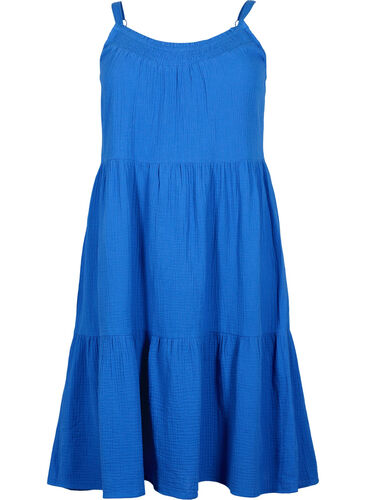 Ensfarget kjole med stropper i bomull, Victoria blue, Packshot image number 0