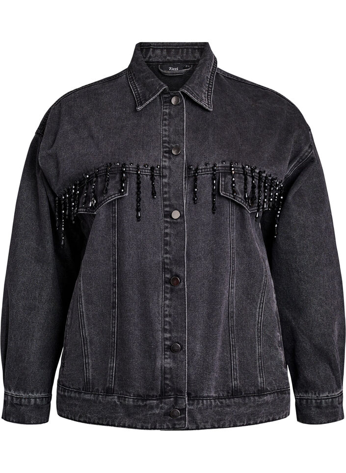 Denimjakke med perlefranser, Grey Denim, Packshot