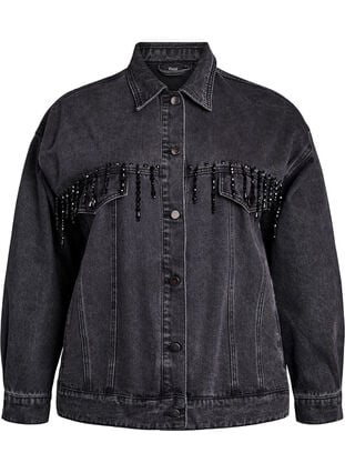 Zizzi Denimjakke med perlefranser, Grey Denim, Packshot image number 0