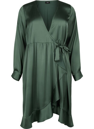 Zizzi Omslagskjole i sateng med lange ermer, Duck Green, Packshot image number 0