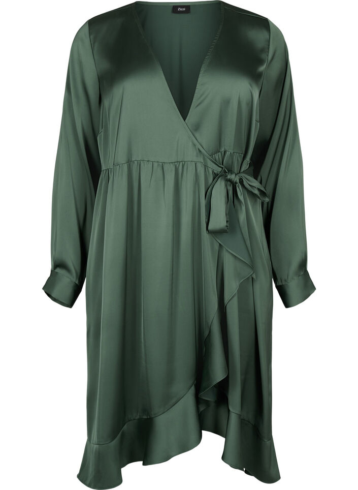 Omslagskjole i sateng med lange ermer, Duck Green, Packshot image number 0