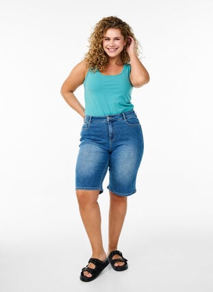 Zizzi Ensfarget basic topp i bomull, Blå, Model image number 1