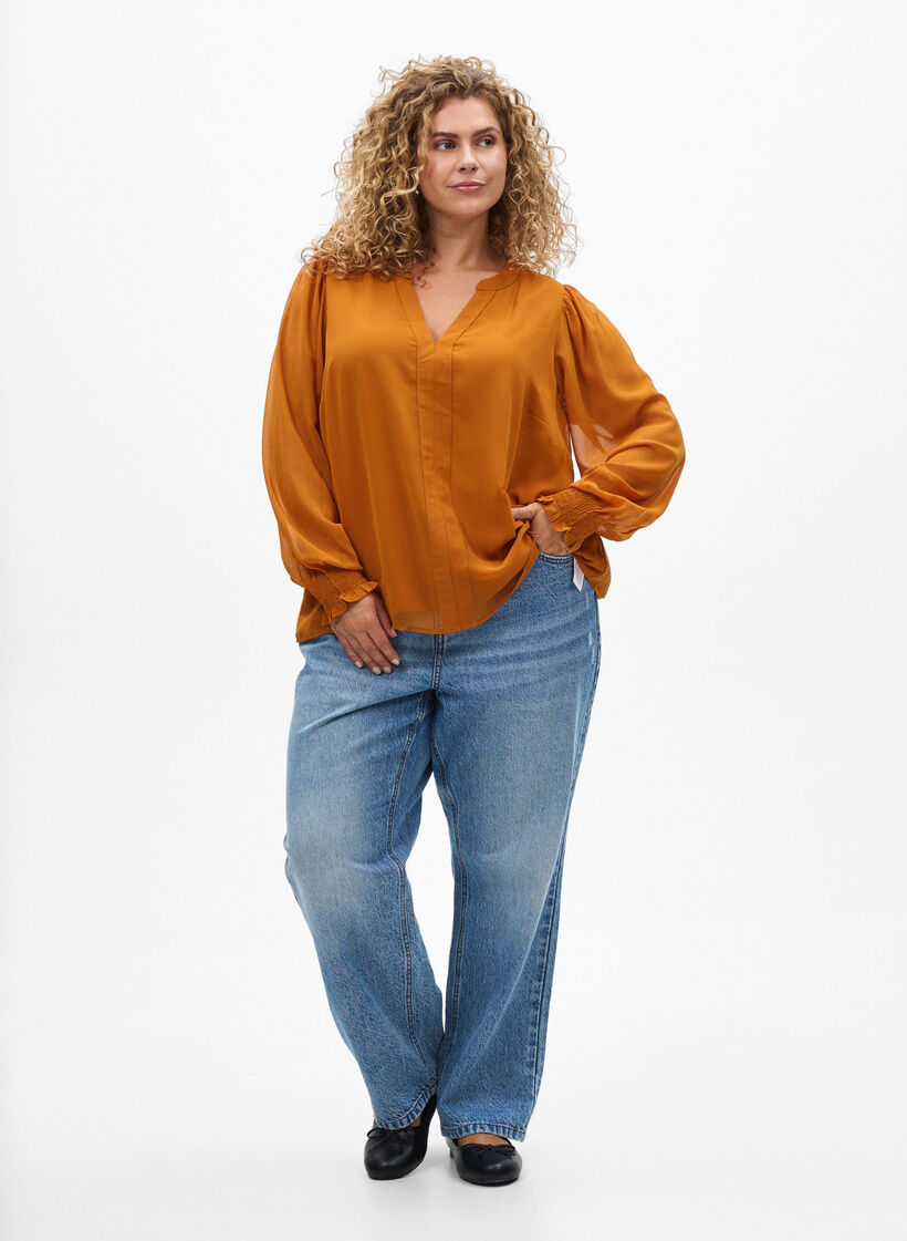 Bluse med gjennomsiktige ermer og smockdetaljer, Pumpkin Spice, Model