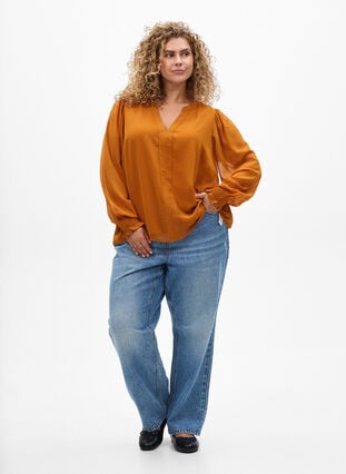 Zizzi Bluse med gjennomsiktige ermer og smockdetaljer, Pumpkin Spice, Model image number 2