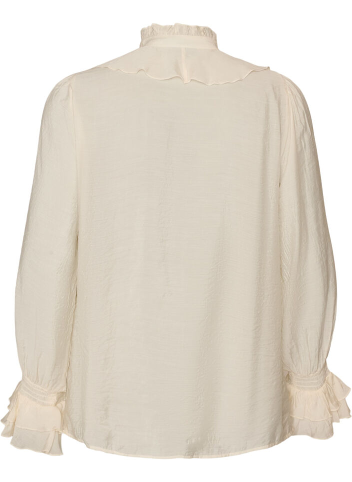 Viskosebluse med volanger og lange ermer, Vanilje, Packshot image number 1