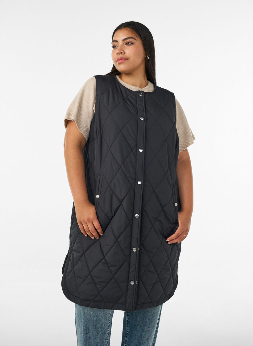 Langt vattert vest med trykknapper, Svart, Model image number 0
