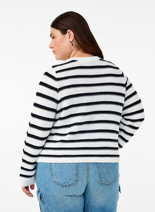 Zizzi Stripet strikket cardigan med gullknapper, Cloud D. w. Black, Model image number 1