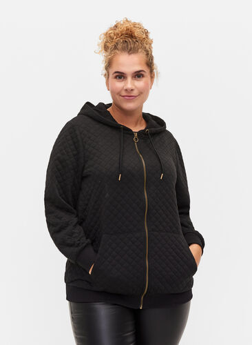 Hettegenser med quiltet mønster, Black, Model image number 0