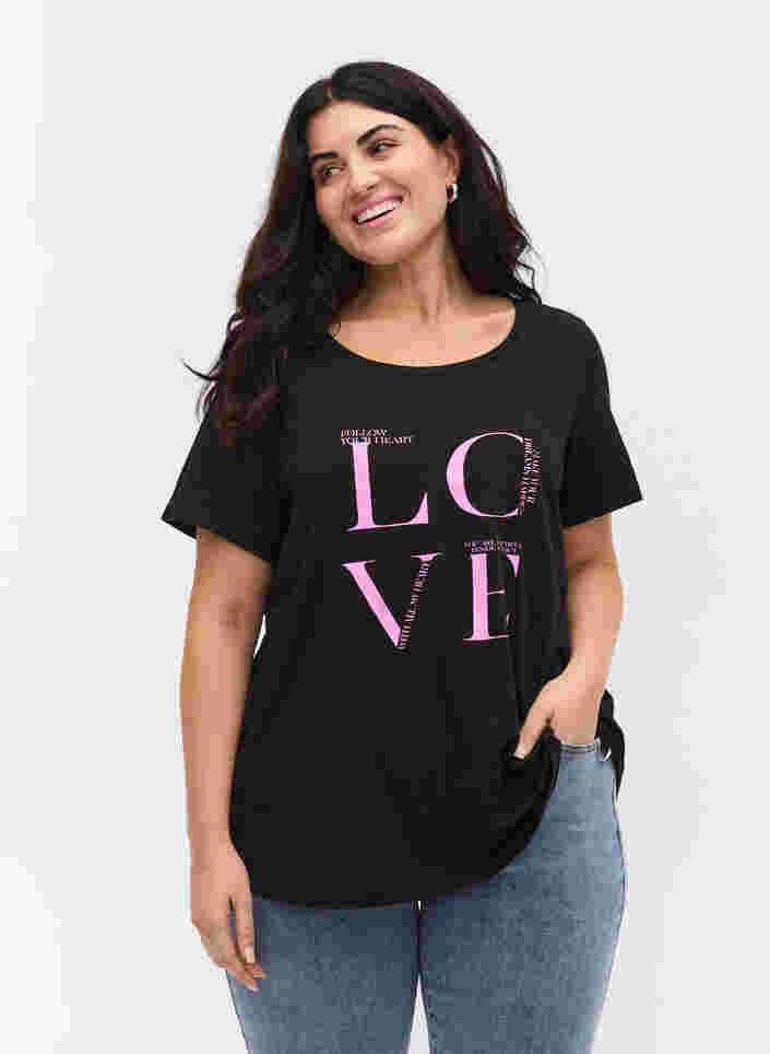 T-skjorte i bomull med trykk, Black Cyclamen LOVE, Model image number 0