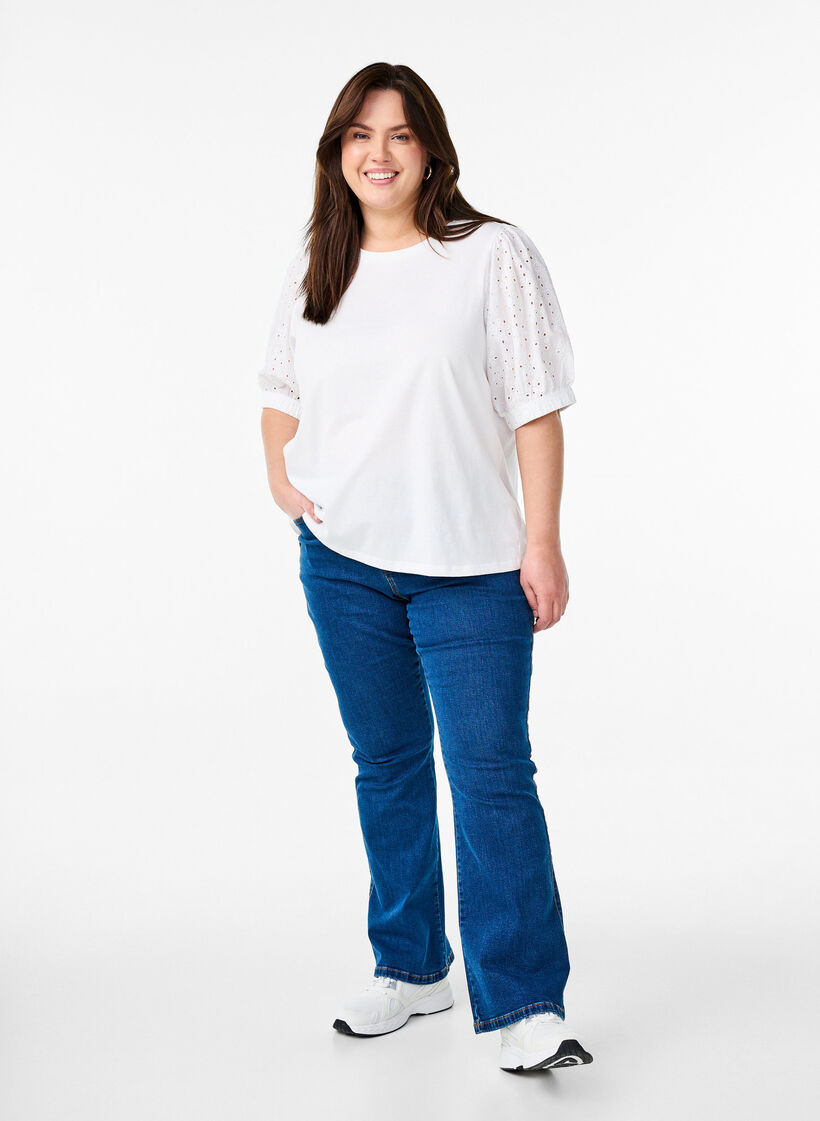 T-skjorte med Broderie Anglaise-ermer, Hvit, Model image number 1