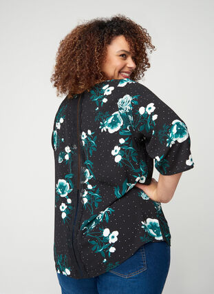 Mønstrete bluse med blonderygg og 3/4-ermer, Black/Flower Dot, Model image number 1