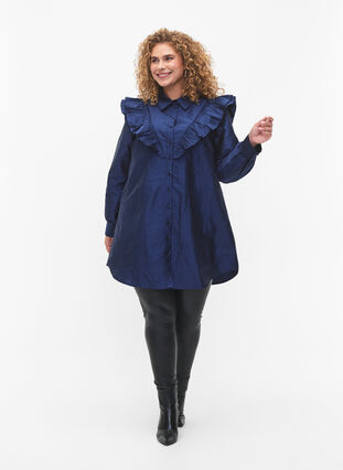 Zizzi Ensfarget skjorte med volangedetaljer, Titan, Model image number 2