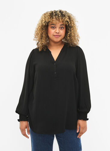 Bluse med vaffelsøm og v-utringning, Black, Model image number 0
