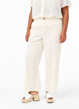 Bukser med høy midje i bomull og lin, Whitecap Gray, Model image number 2