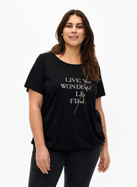 Kortermet T-skjorte i bomull med elastisk kant, Black w. Live, Model