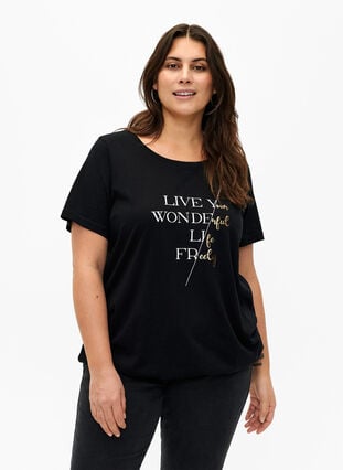 Kortermet T-skjorte i bomull med elastisk kant, Black w. Live, Model image number 0