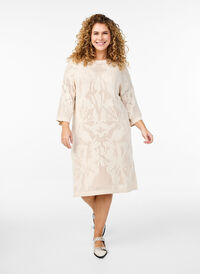 Strikket kjole med åpent mønster og 3/4 ermer, Beige Strikket kjole med åpent mønster og 3/4 ermer, Beige, Model