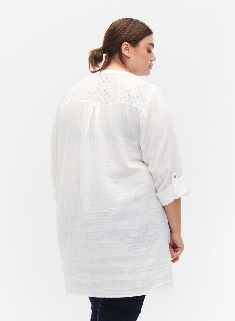 Tunika i bomull med broderi anglaise, Bright White, Model image number 1