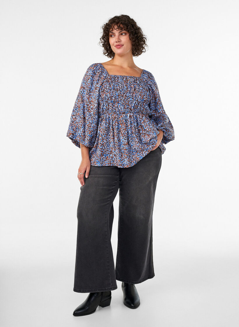 Bluse med smock og firkantet utringning, Bl&aring;, Model image number 1