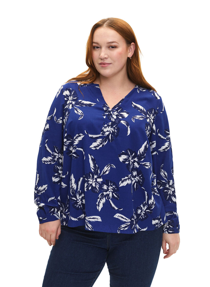 FLASH - bluse med lange ermer og trykk, Navy Blazer Flower, Model image number 0