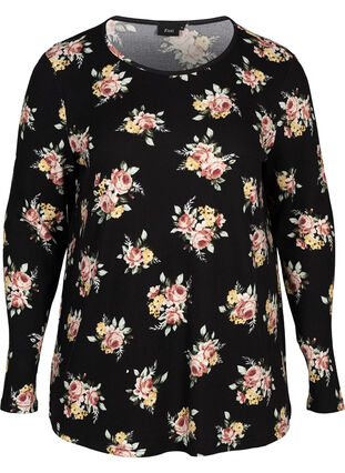 Langermet bluse med blomstermønster, BLACK W. ROSE AOP, Packshot image number 0
