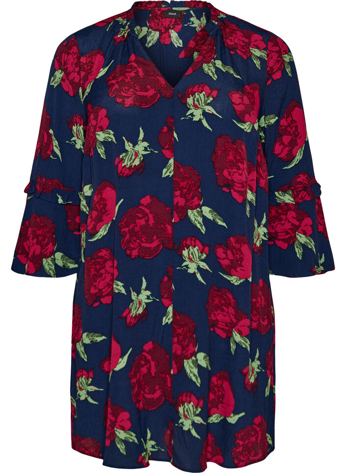 Blomsterkjole i viskose med volanger, Bl&aring;, Packshot image number 0