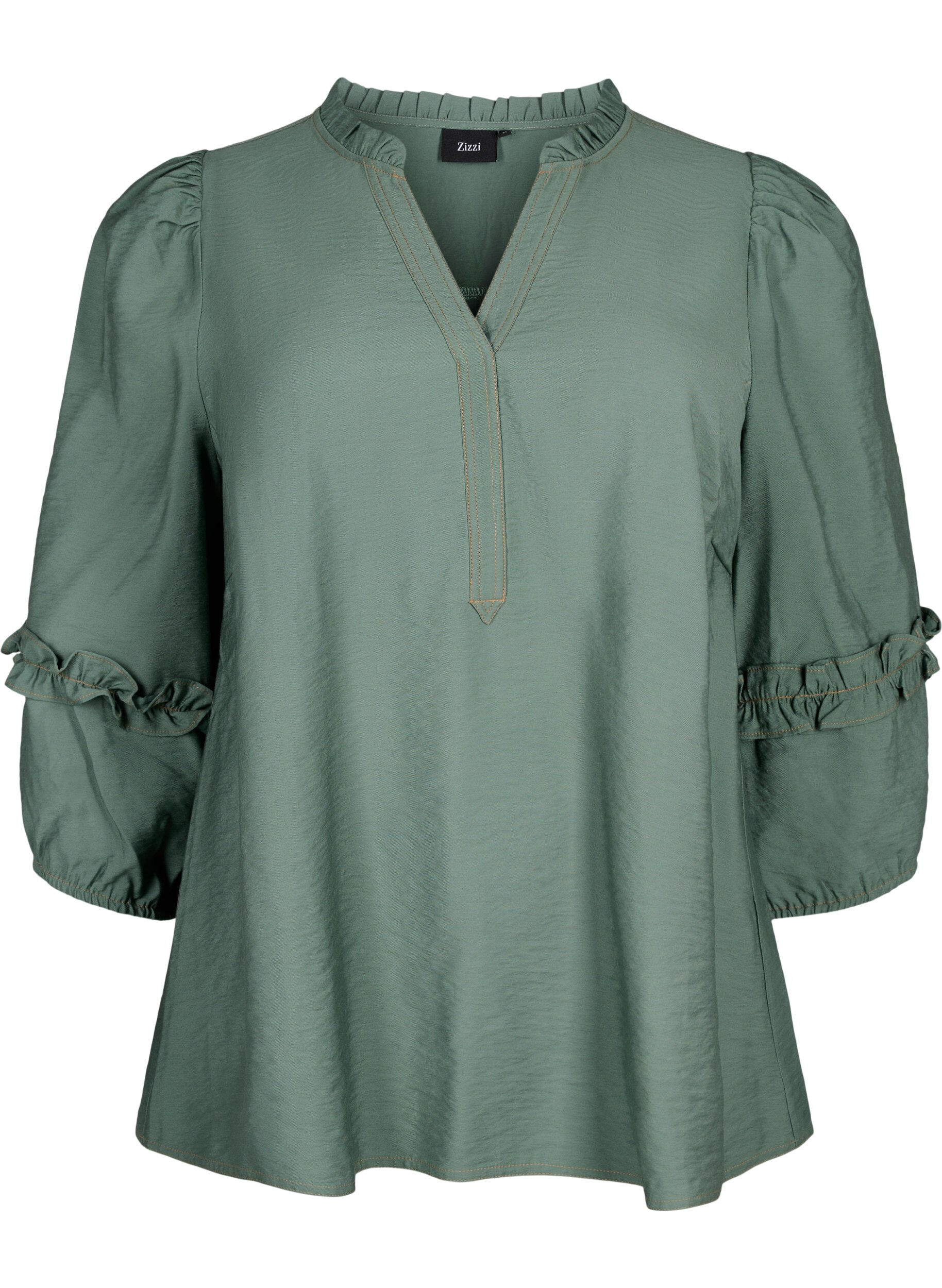 Zizzi Bluse med ruffles, Duck Green, Packshot image number 0