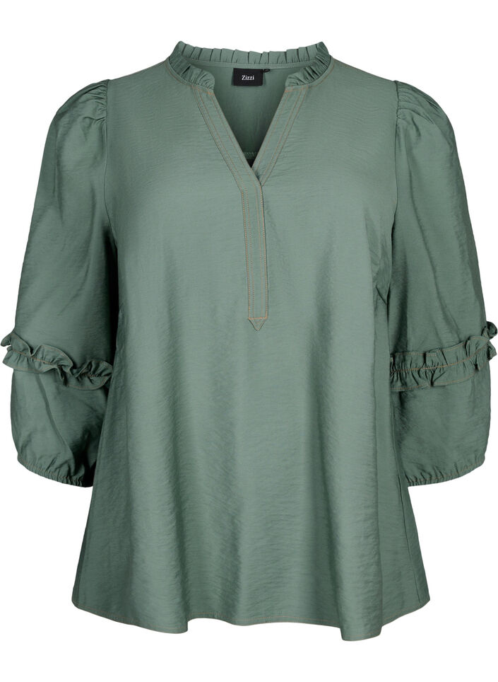 Bluse med ruffles, Duck Green, Packshot image number 0