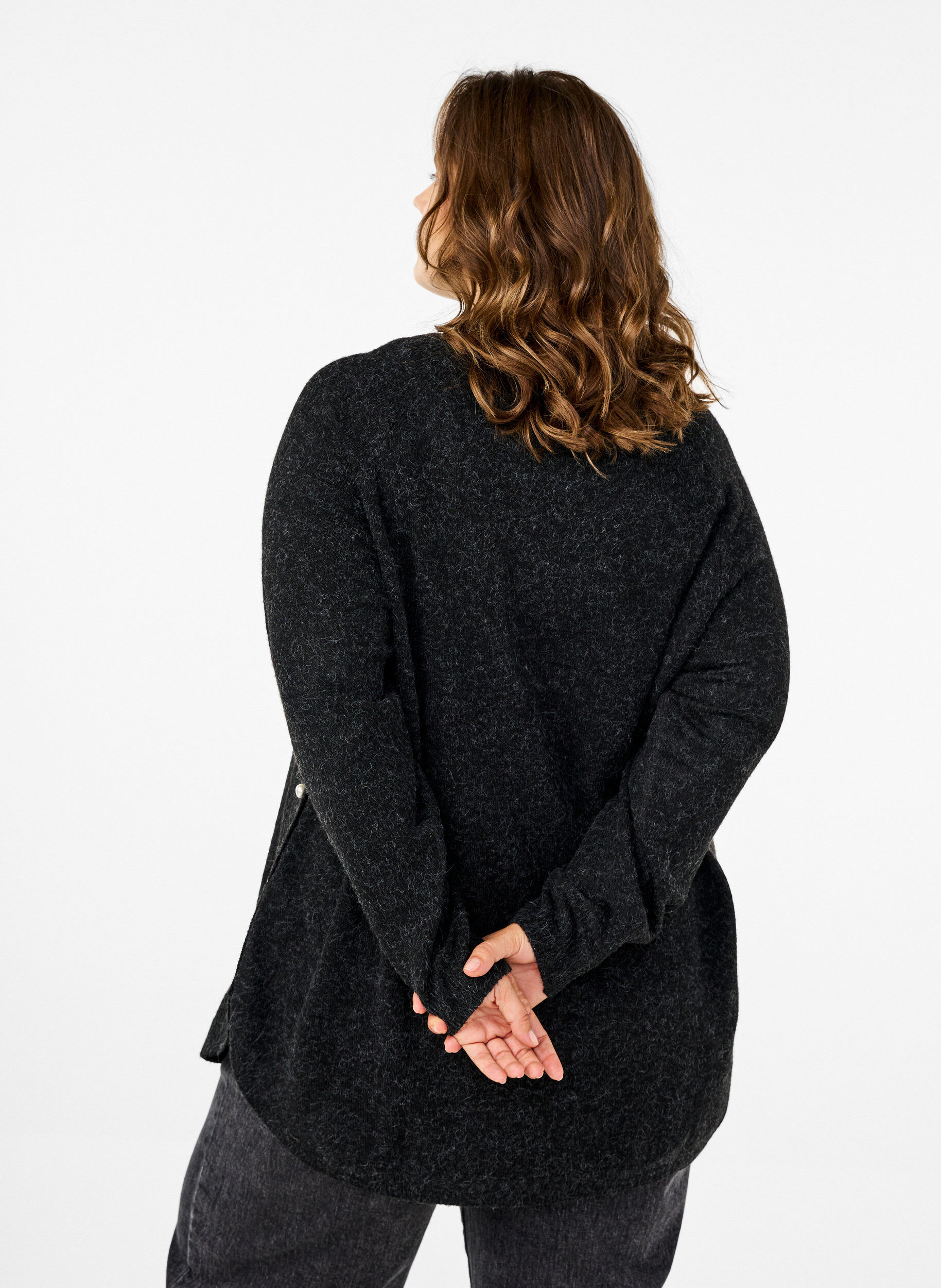 Zizzi Strikket bluse med perledetaljer, Dark Grey Melange, Model image number 1